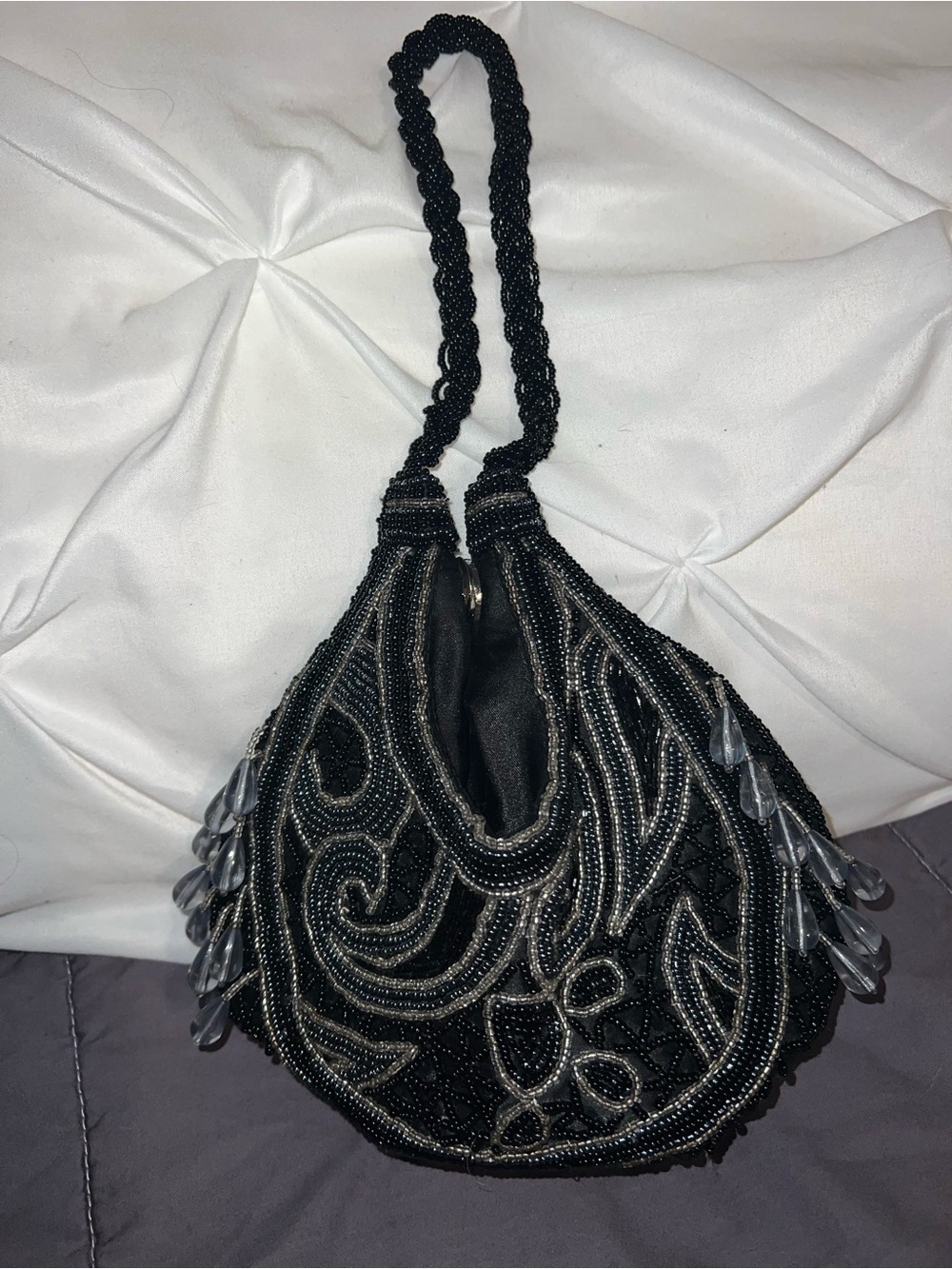 Black Beaded Evening Bag with Drop Accents